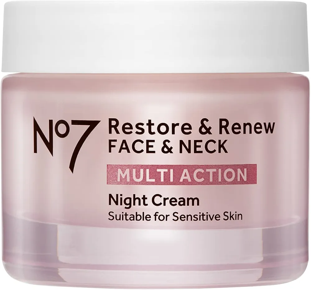 No7 Restore & Renew Multi Action Face & Neck Night Cream - Collagen Peptide Anti Aging Face Cream - Hydrating Hyaluronic Acid Night Cream - Shea Butter + Vitamin E Skin Firming Night Cream (50ml)