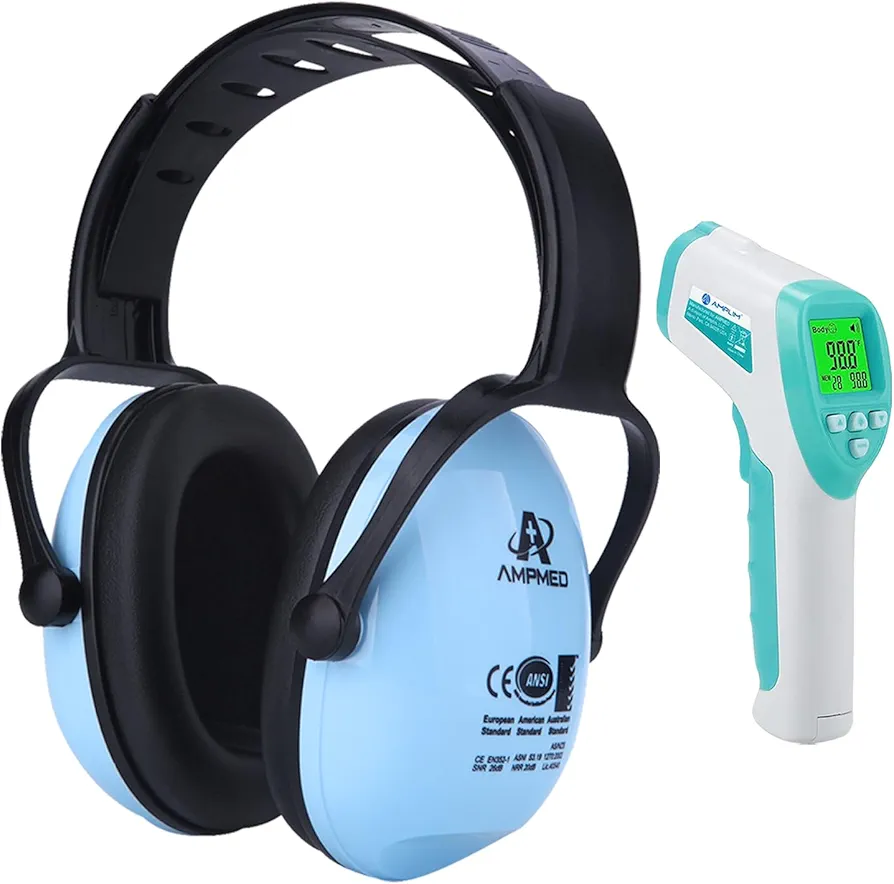 Amplim 2-pack Premium Bundle Hearing Protection Earmuff for Toddlers Kids Teens Adults and Noninvasive Hygienic Color-coded Touchless Infrared Digital Forehead Thermometer for Adults and Babies