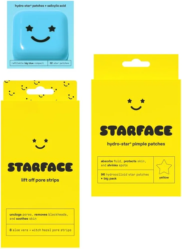 Starface Hydro-Star + Salicylic Acid Patches (32ct) with Big Blue Compact, Hydro-Star Hydrocolloid Pimple Patches (96ct), and Lift Off Pore Strips with Aloe Vera (8ct)