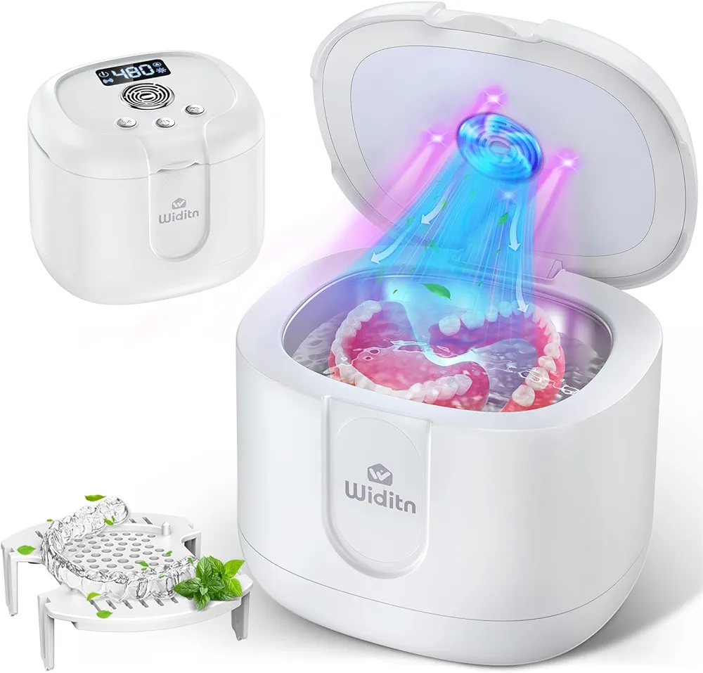 Ultrasonic Retainer Cleaner, 200ML Retainer Cleaner Machine with U-V Light & 4 Digital Timer & Drying, 46kHz Ultra Sonic Cleaner Pod for Dentures, Retainer, Mouth Guard, Aligner, Jewelry, Ring