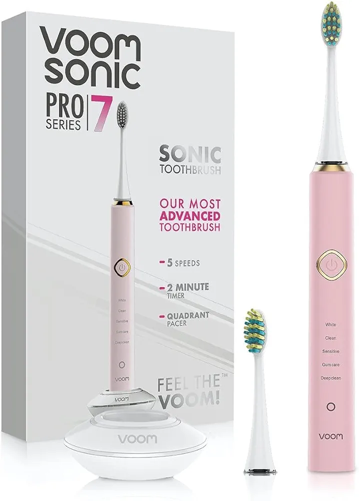 Voom Sonic Pro 7 Rechargeable Electronic Toothbrush With Most Advanced Oral Care Technology 2-Minute Timer with Quadrant Pacing & 5 Adjustable Speeds Magnetic Levitation 100% Waterproof - Pink