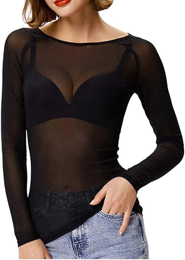 Women's Sheer Tops Long Sleeve Mesh Sheer Top See Through Blouse Shirt