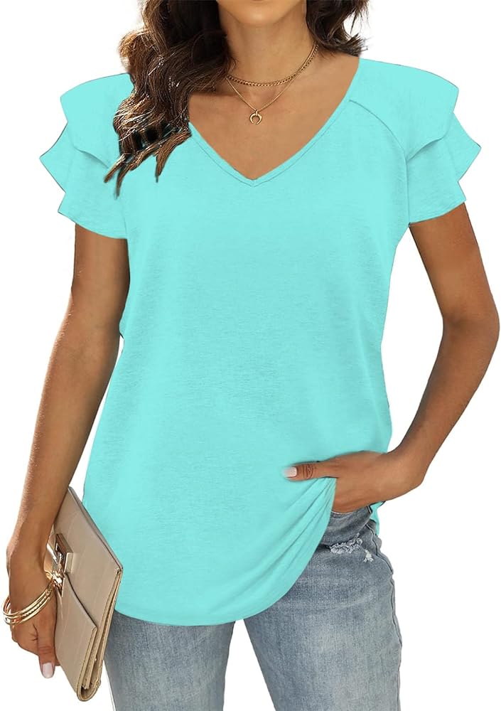 T&Twenties Womens Summer Tops Ruffle Short Sleeve Tunic Tops V Neck Loose Fit Flowy T-Shirts