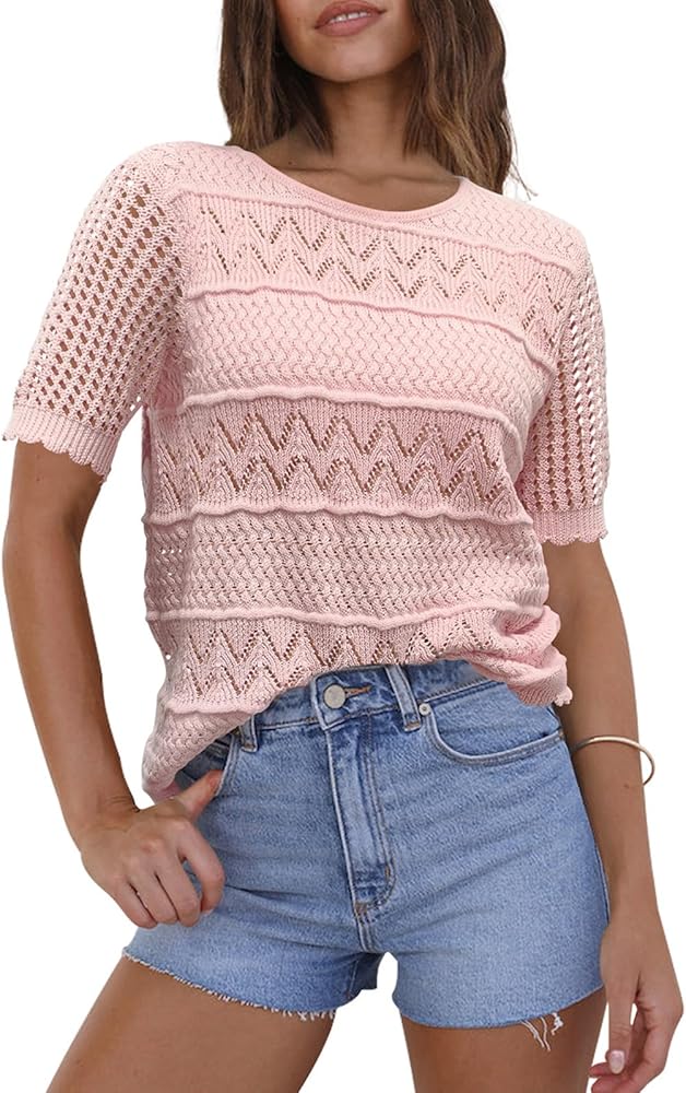 Crochet Short Sleeve Tops for Women Casual Summer Crewneck Lightweight Pullover Sweater Shirts Blouses