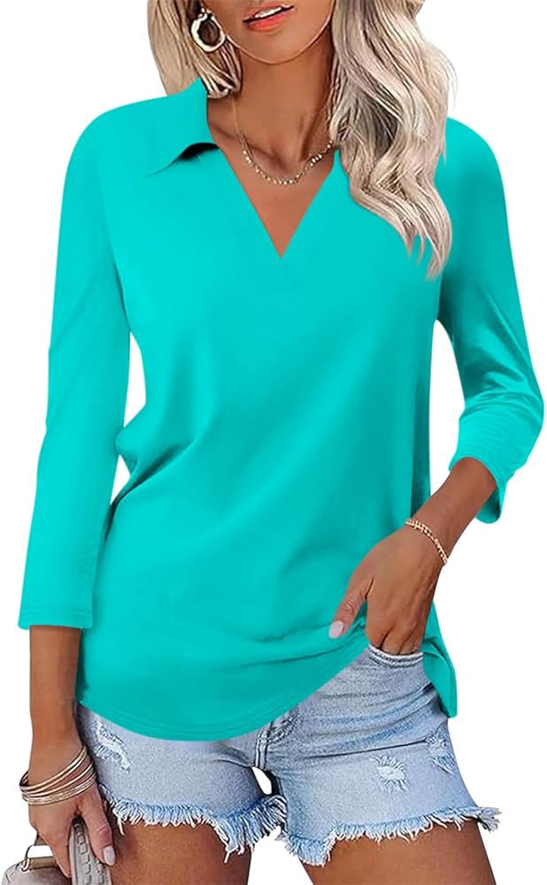 Women's 3/4 Sleeve Tops Collar V Neck T Shirts Dressy Casual Summer Tops Blouses