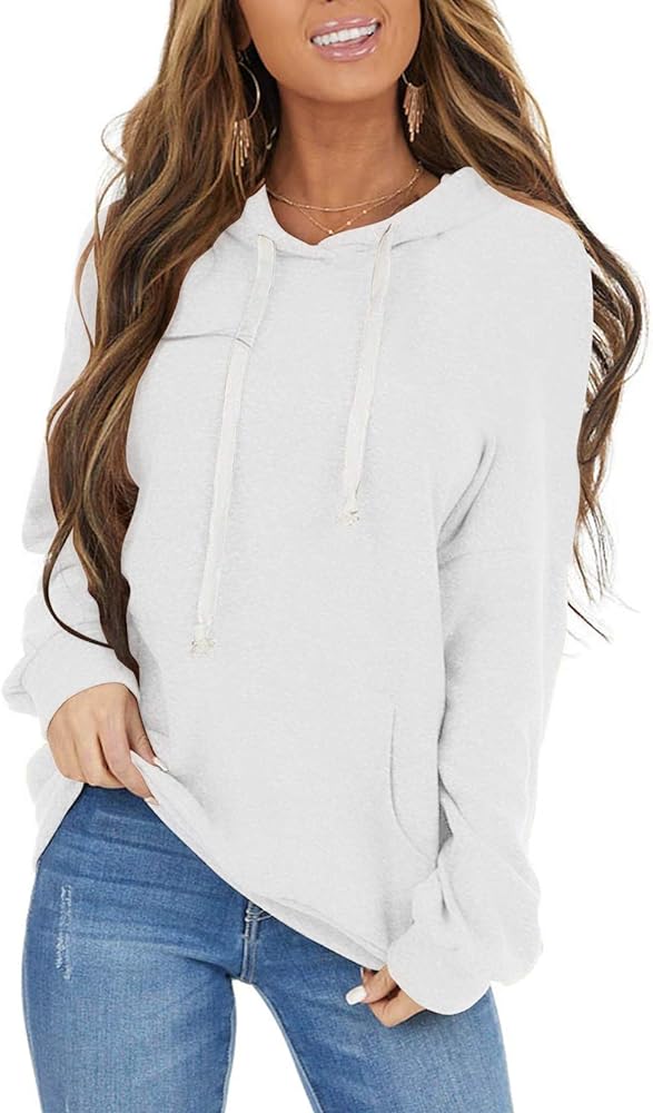 PRETTODAY Women's Casual Lightweight Hoodies Long Sleeve White Drawstring Sweatshirts Loose Pullovers with Pocket