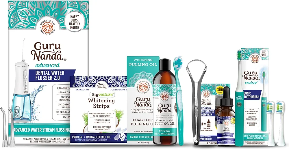 GuruNanda Oral Care Routine, with Coconut Oil Pulling, Teeth whitening Strips, Concentrated Mouthwash, Advanced Water Flosser & Teal Sonic Toothbrush