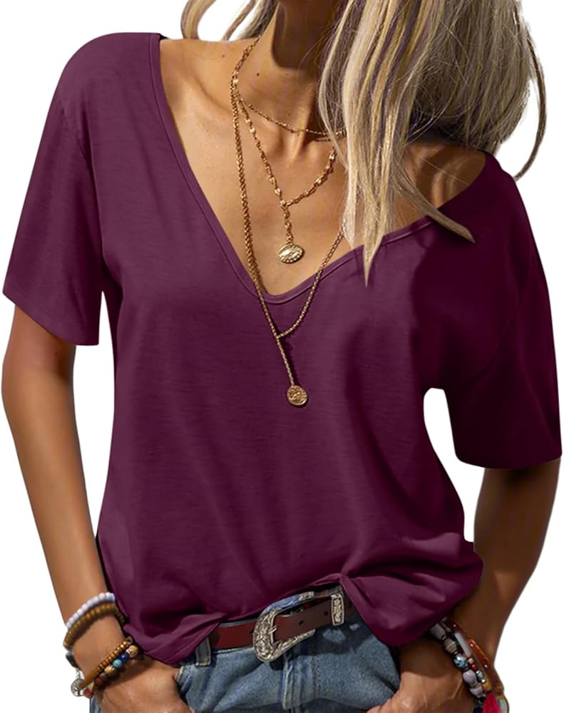 Womens Deep V Neck T Shirts Casual Short Sleeve Loose Fit Basic Fashion Tee Tops