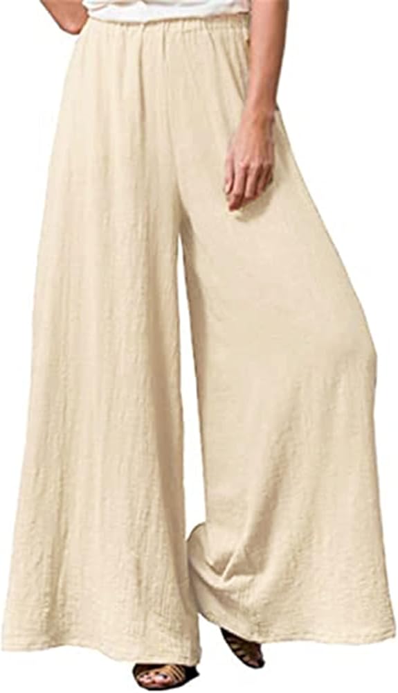 Womens Plus Size Linen Pants Wide Leg Palazzo Trousers High Elastic Waist Flowy Pants Culottes with Pockets