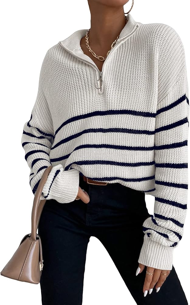 MakeMeChic Women's Casual Striped Half Zip Up Drop Shoulder Long Sleeve Sweater Pullover Top