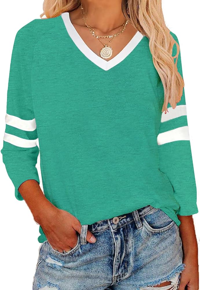 Womens Tops V Neck Color Block Tee Striped Tunics 3/4 Sleeve Fashion Comfy Shirt Basic Tshirts