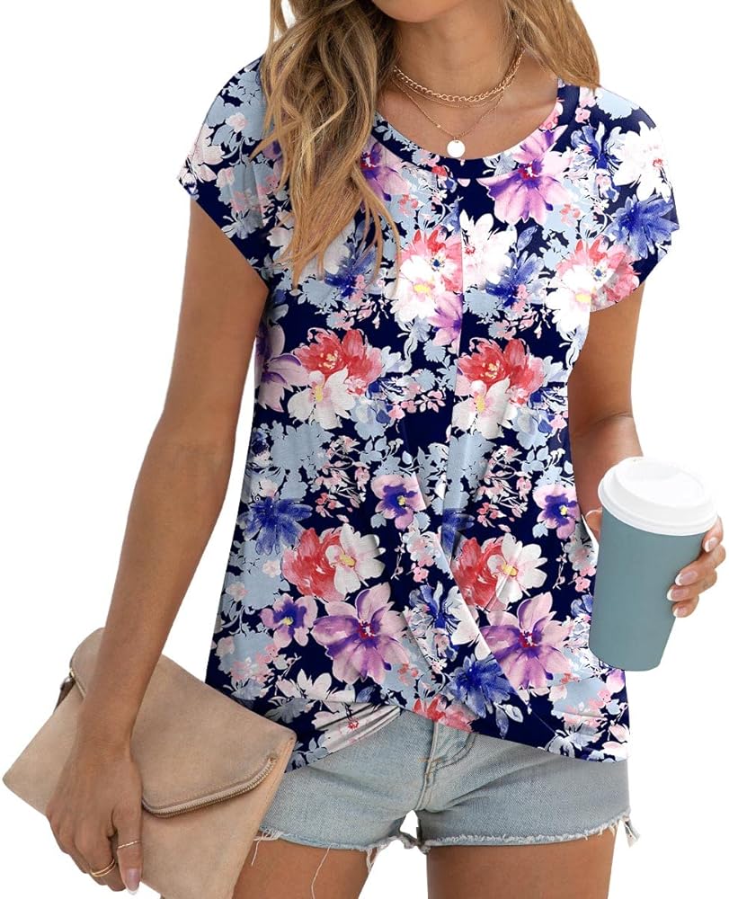 Anydoll Women's 2024 Summer Tunic Tops Casual Short Sleeve Tshirts Loose Front Twist Blouse