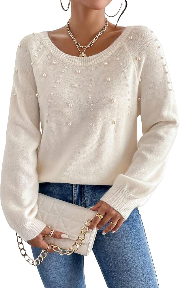 Verdusa Women's Pearls Beaded Raglan Long Sleeve Sweater Pullover Tops