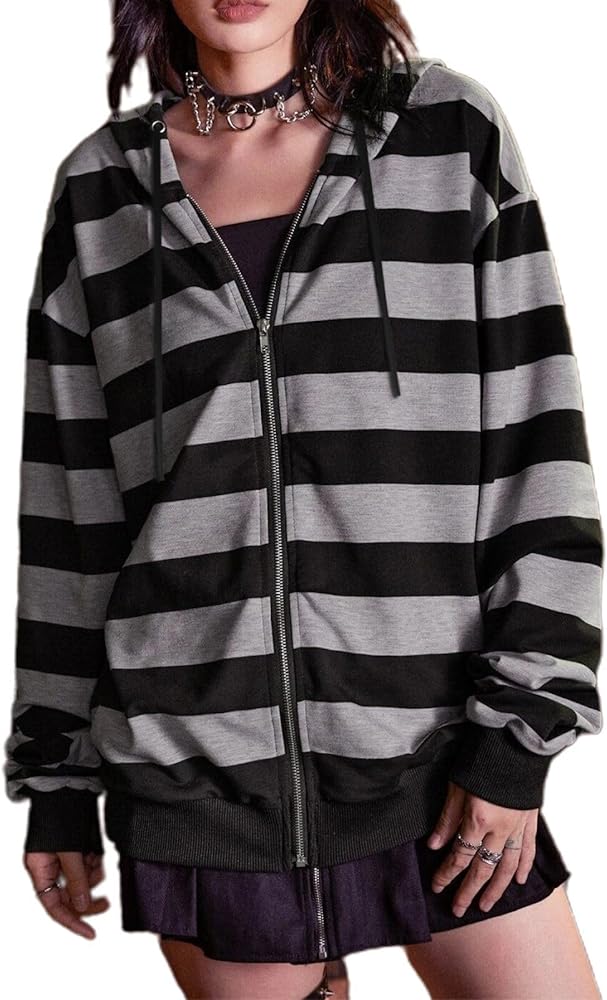 LAVASEON Women 's Oversized Zip Up Hoodie Y2K Striped Lightweight Hooded Sweatshirt Gothic Streetwear Pullover