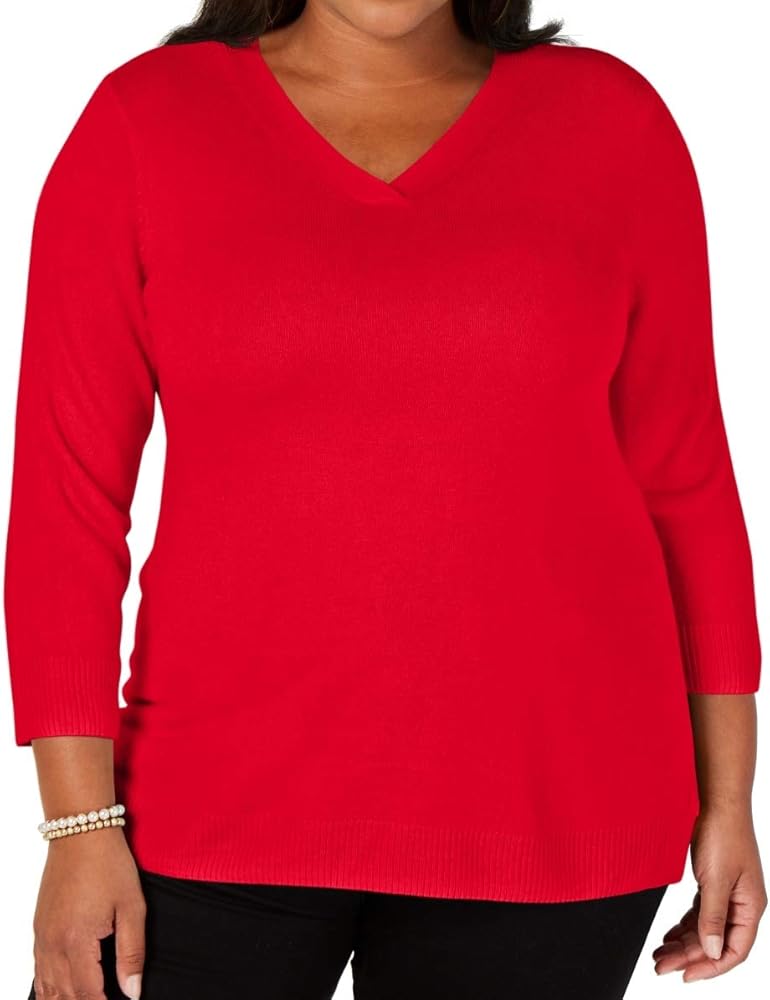 Karen Scott Womens Plus V Neck Ribbed Trim Sweater Red 0X