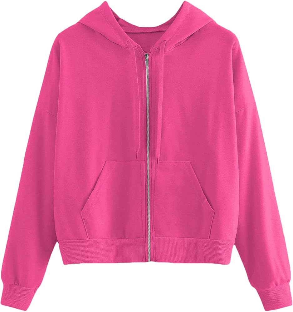 SweatyRocks Women's Long Sleeve Full Zip Drawstring Hooded Sweatshirt Jacket with Pockets