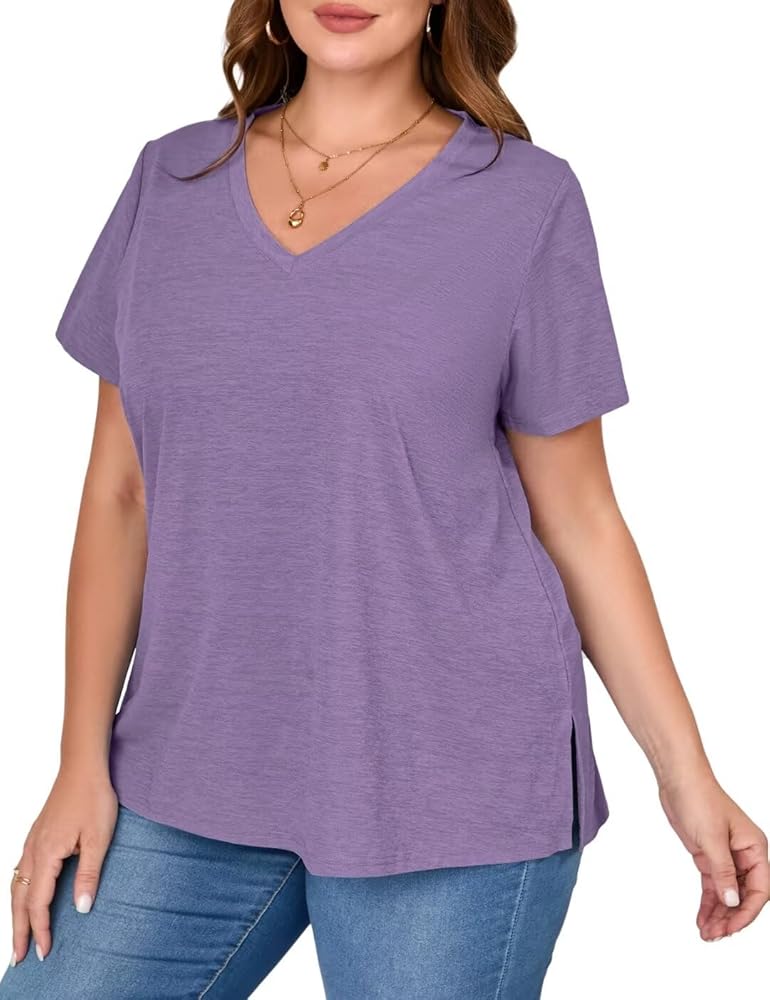 MONNURO Womens Plus Size Tops V-Neck Short Sleeve T Shirt Casual Loose Side Split Blouses