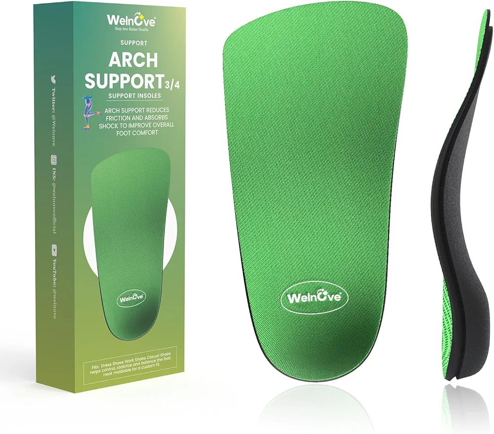 Arch Support Insoles for Women Men - Welnove 3/4 Length Orthotic Shoe Inserts for Plantar Fasciitis Flat Feet Over-Pronation Heel Pain Relief Heel Inserts for Women's 9-10.5, Men's 8-9.5