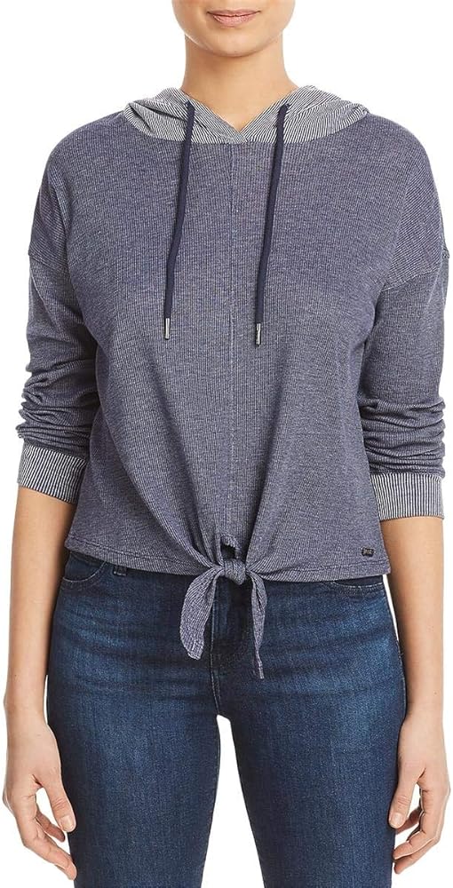 Andrew Marc Women's Pinstripe Denim Jersey Hooded Tie Front Top