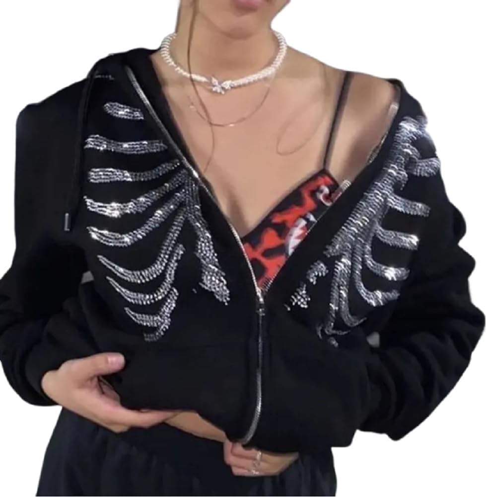 ANKOMINA Women's Rhinestone Skeleton Hoodies Zip Up Sweatshirts Y2K Long Sleeve Skull Jacket Pullover Tops