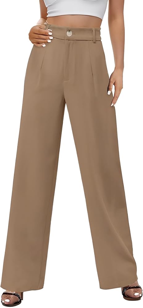 Wide Leg Dress Pants for Women Business Office Straight Leg Pants Casual Long Petite Pants Khaki M