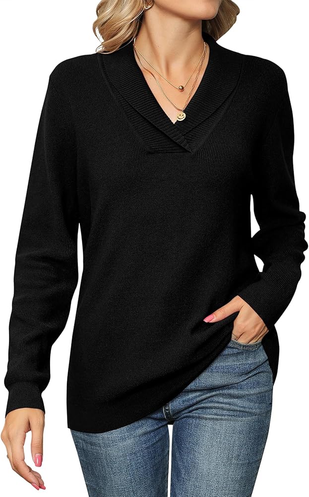 Ivicoer Women Long Sleeve V Neck Pullover Collar Knitted Sweaters