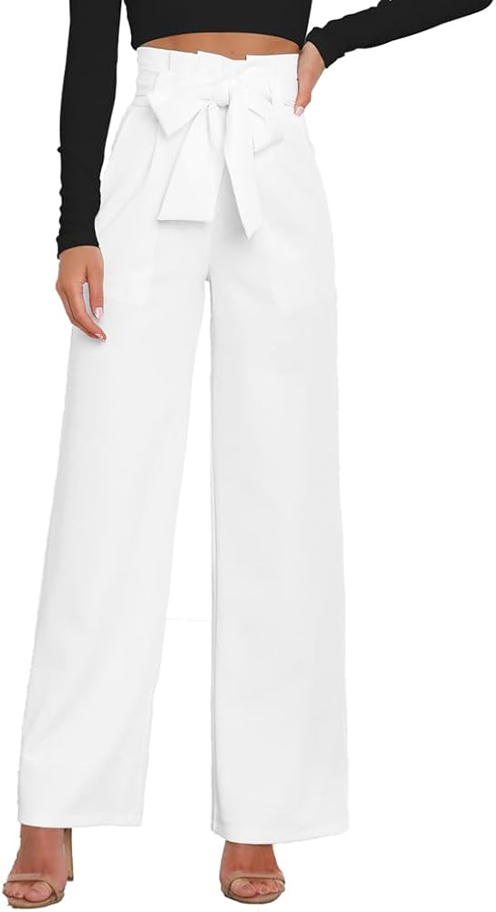 Womens Casual High Waisted Belted Wide Pants Leg Long Palazzo Pants Dress Pants