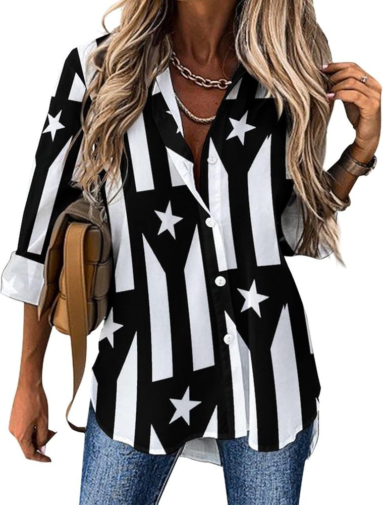 Puerto Rico Flag Black and White Classic Shirts for Women Long Sleeve Blouse Casual V Neck Tee Tops Work Office