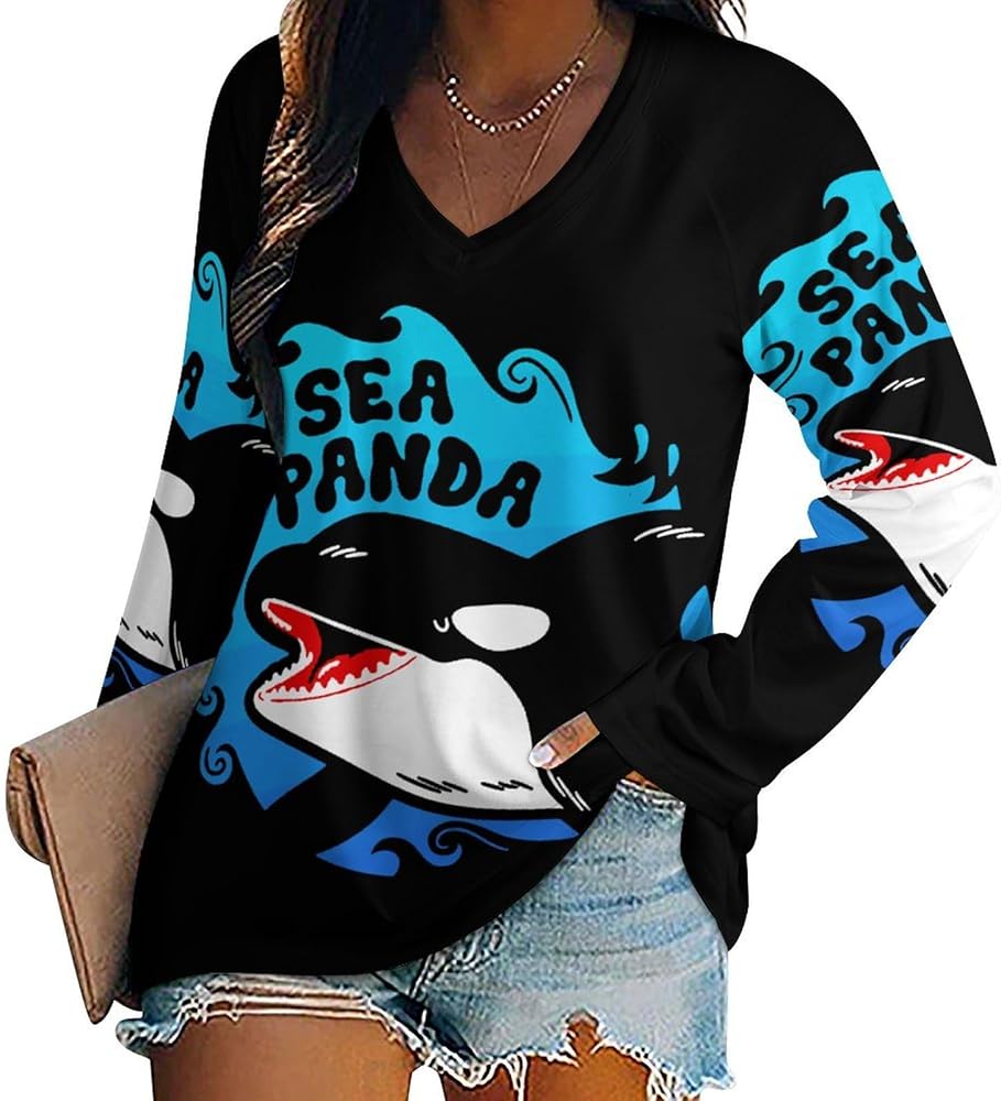 Orca Whale Killer Whales Loose Womens Shirts Long Sleeve Tees Tops Casual V-Neck Graphic Blouses