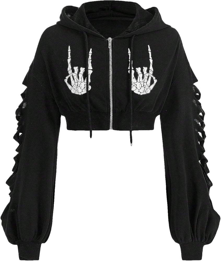 SHENHE Women's Cut Out Ripped Graphic Zip Up Skeleton Goth Cropped Hoodie Sweatshirt