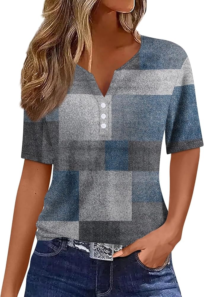 Henley Shirts for Women Buttons Sexy Shirts Short Sleeve Dressy Blouses 2024 Geometric Print Tops