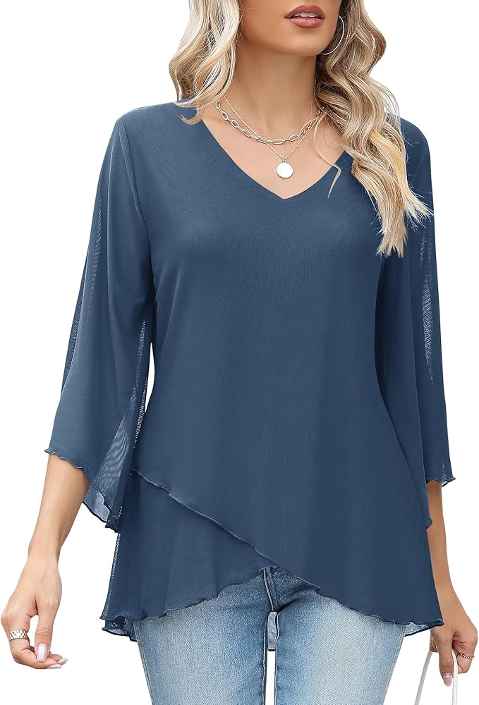 LOMON Women's 3/4 Sleeve V Neck Blouse Business Casual Mesh Tunic Tops Loose Fit Double Layered Shirts