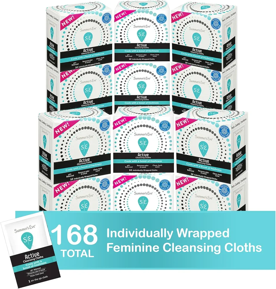 Summer’s Eve Cleansing Cloths, Feminine Wipes, pH Balanced, Removes Odor & Sweat, Clean & Fresh Scent, Active, 14 count (pack of 12)