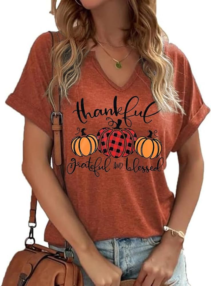 Womens Fall Pumpkin V Neck Shirt Funny Halloween Thanksgiving Graphic Short Sleeve Tee Holiday Autumn Tops