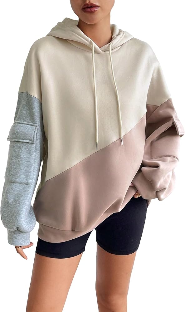 SweatyRocks Women's Colorblock Drawstring Long Sleeve Drop Shoulder Hooded Oversized Fashion Trendy Sweatshirts Hoodies