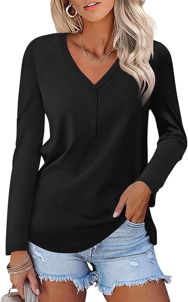 Minetom Women's Long Sleeve V Neck T Shirts Henley Tops Casual Shirts Blouses