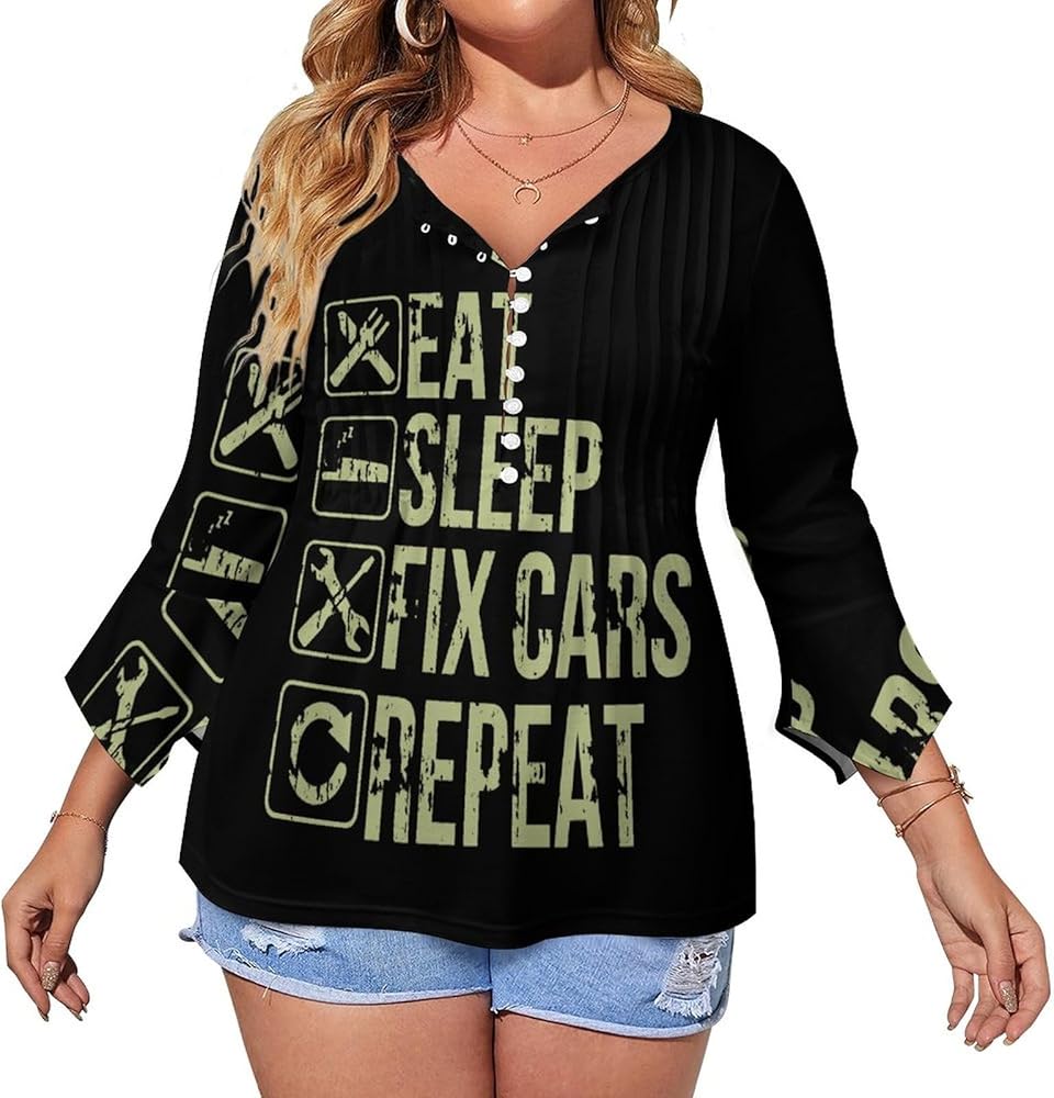 Mechanic Eat Sleep Fix Cars Cute Womens T-Shirts 3/4 Sleeve Button Down Tee Tops Blouse Summer Beach