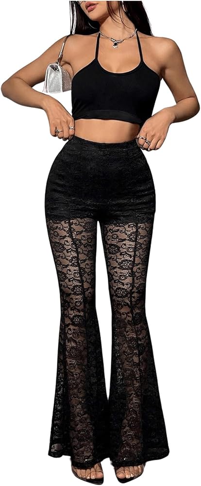 WDIRARA Women's Sexy Lace Mesh Flare Bell Bottom Pants Elastic Waist See Through Pants Stretchy Trousers