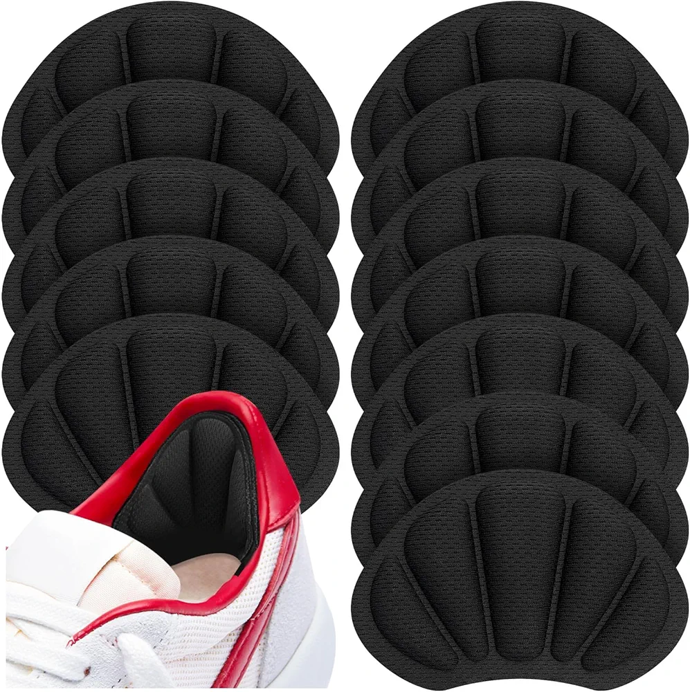 Back of Heel Cushion Inserts, 12Pcs Mesh Self-Adhesive Heel Pads, Reusable Black Heel Cushion Pads for Women Men Shoes Too Big