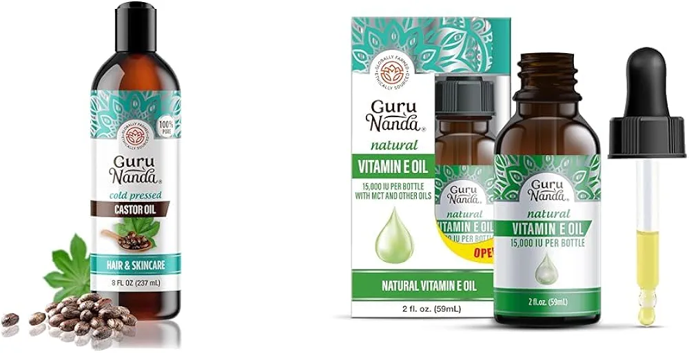 GuruNanda Castor Oil for Hair Growth (8 Fl oz) & Vitamin E Oil for Skin Nourishment (2 Fl oz) Bundle