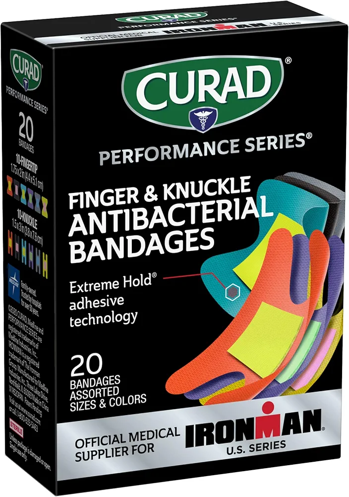 Curad Performance Series Ironman Fingertip and Knuckle Antibacterial Bandages, Extreme Hold Adhesive Technology, Fabric Bandages, 20 Count (Pack of 1)