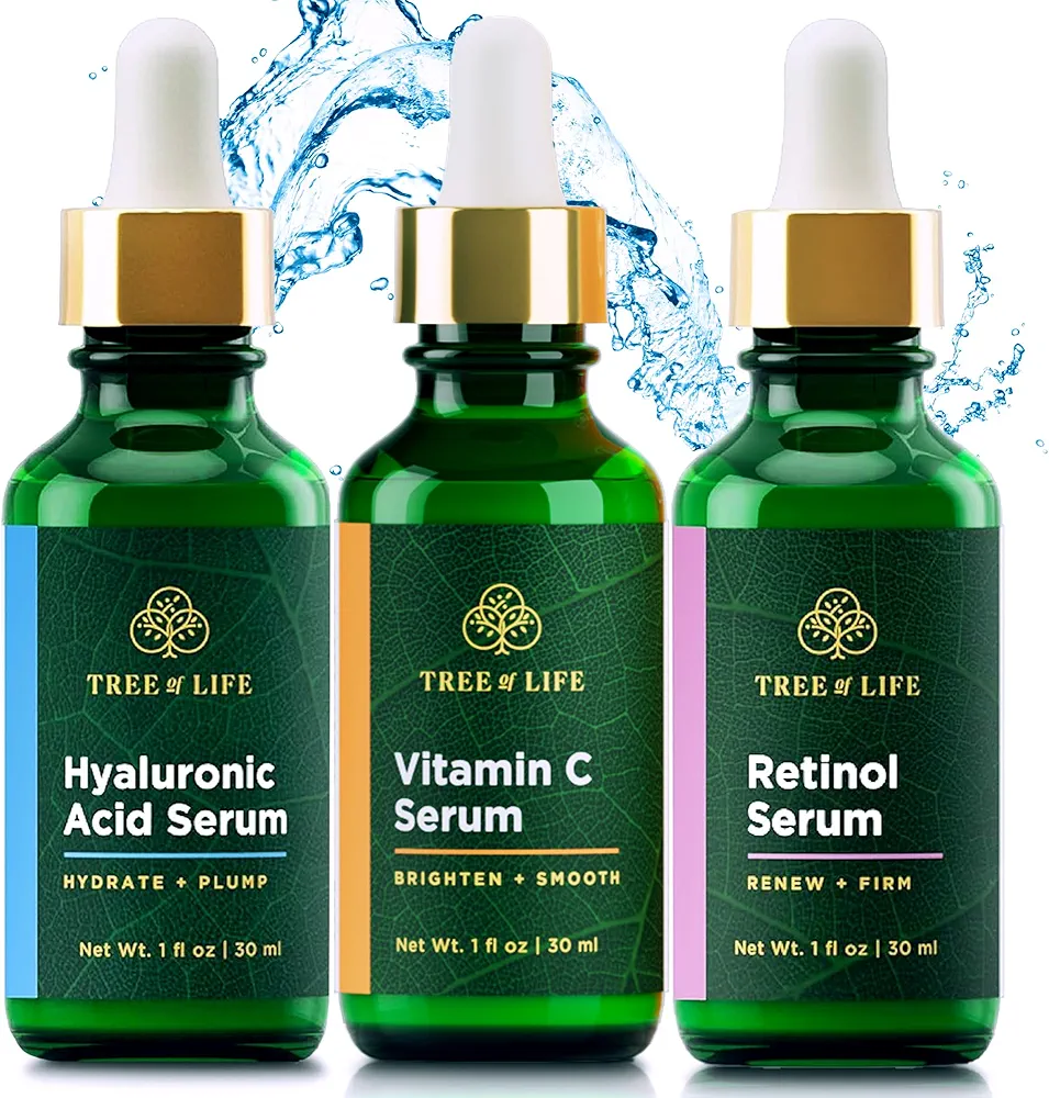 Tree of Life Facial Skin Care Set, Brightening, Firming, Hydrating, Dry Face, Dermatologist Tested - Trio Power Kit, Vitamin C, Retinol and Hyaluronic Acid, 3 count of 1 Fl Oz