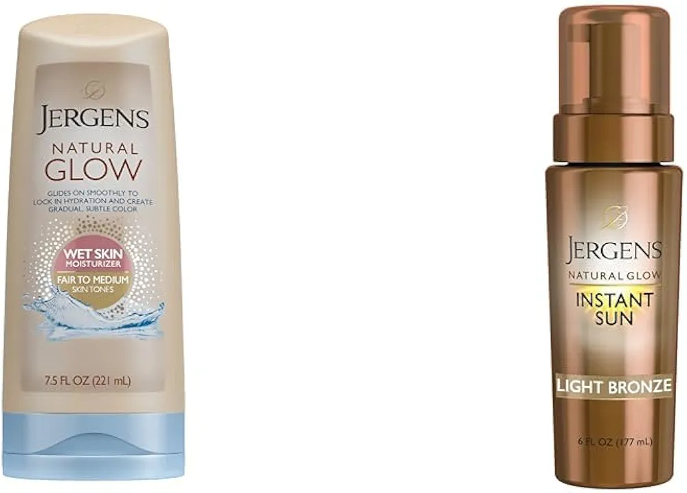 Jergens Natural Glow In-shower Lotion, for Fair to Medium Skin Tone, Wet Skin, Sunless Tanner Locks & Natural Glow Instant Sun Body Mousse, Self Tanner for Light Bronze Tan