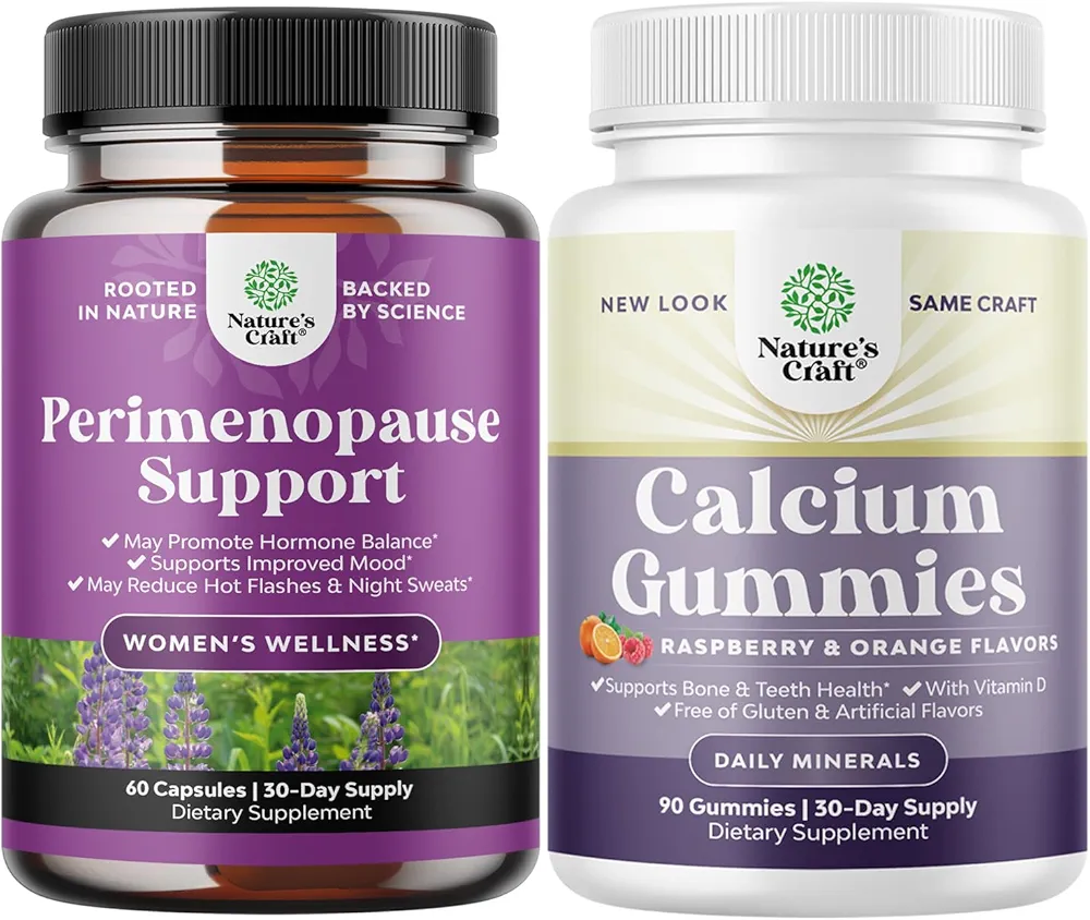 Natures Craft Bundle of Perimenopause Supplement for Women -Multibenefit Menopause Relief for Women and High Absorption Calcium Gummies for Women with Vitamin D3 for Bone Health and Immune Support