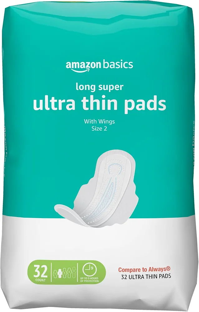 Amazon Basics Ultra Thin Pads with Flexi-Wings for Periods, Long Length, Super Absorbency, Unscented, Size 2, 32 Count, 1 Pack (Previously Solimo)