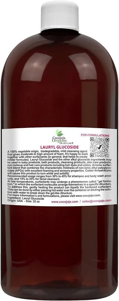 Dr Joe Lab Lauryl Glucoside Natural Surfactant - Plant Derived Non-GMO Biodegradable - Formulation DIY Skin Shower Gel Body Soap Shampoos Baby Products Face Cleansers Packaging may vary (32 oz)