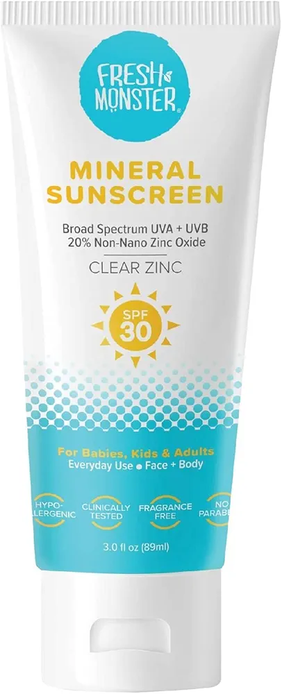 Fresh Monster Daily Kids Sunscreen, SPF 30 UVA/UVB, Clear Non-Nano Zinc Oxide Mineral Sunscreen, Face & Body Sunscreen, Reef Safe, Hypoallergenic Sunscreen for Kids