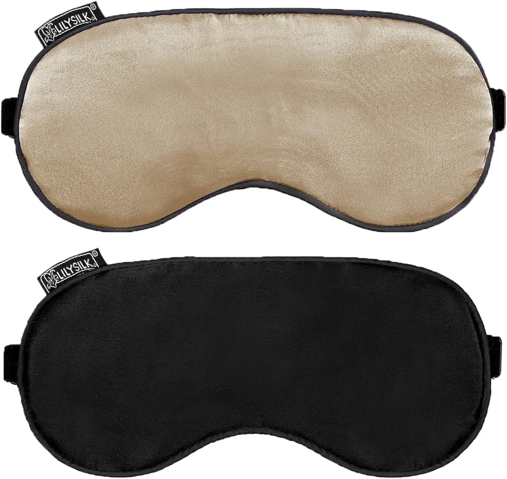 LILYSILK 100% Silk Sleep Mask-Blindfold with Elastic Strap 2 Pack, Soft and Comfortable Night Eye Mask for Men Women, Eye Blinder for Travel/Sleeping/Shift Work, Black+Light Coffee