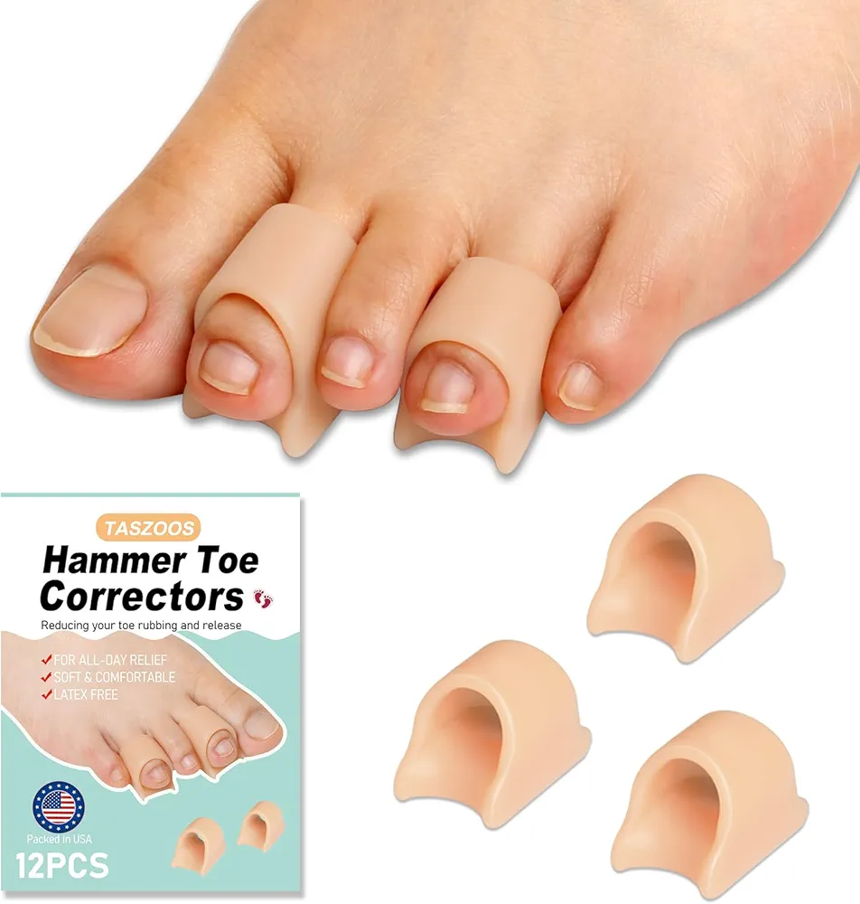 Hammer Toe Straightener Corrector - Toe Corrector(12pcs, Nude), Gel Toe Splint Relief for Bunion, Claw, Crooked Toes, Hammer Toes, Medium Size