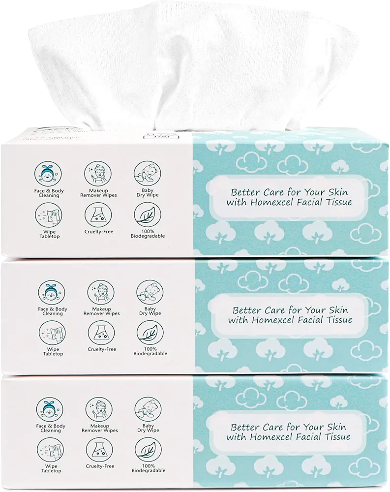 HOMEXCEL Soft Dry Wipe 3 Pack, Unscented Facial Tissues, Disposable Face Towels, Dry and Wet Use for Baby Adult Sensitive Skin, Make-up Wipes, Facial Washcloth（300 Count）